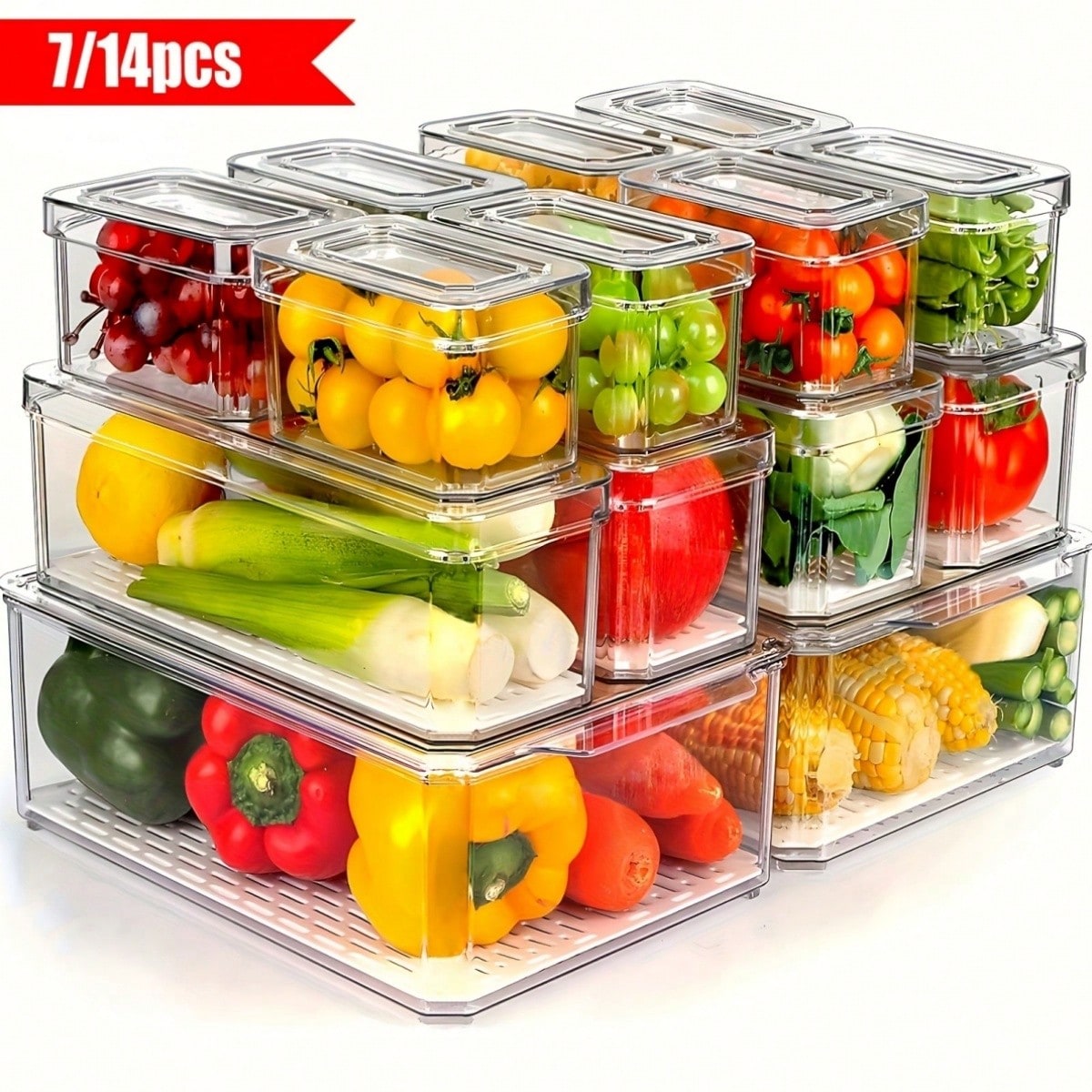 Food Packed Snacks - 7/14'lü Paket İstiflenebilir Buzdolabı Düzenleyici Kutuları